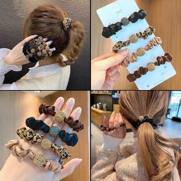 

fashion pony tails holder lots rhinestone ball charm fabric bungee cord leopard grain pattern hair rope br052, Golden;silver