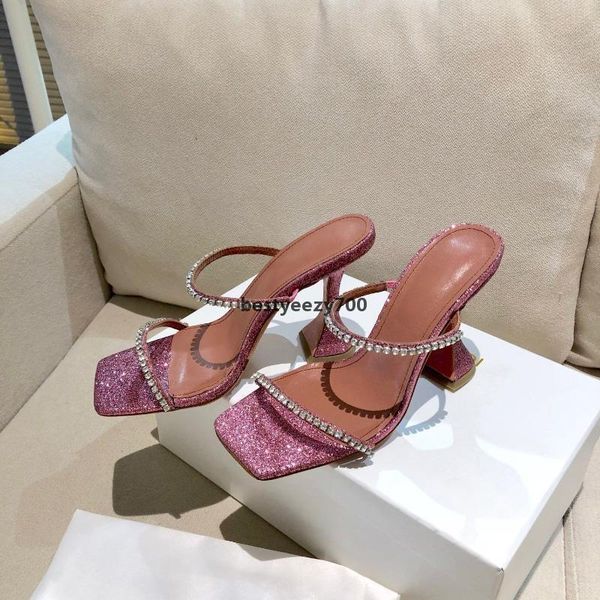 

shoe amina muaddi gilda pink glitter crystal embellished strap slippers mules evening shoes rhinestone spool heel women heels luxury des kul, Black