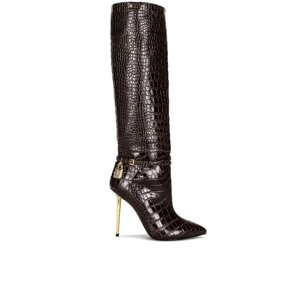 

women long boot black leather strap padlock soft calf boots gold heeled knee booties luxury brand woman designer with box