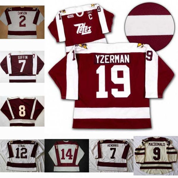 

peterborough petes 2 aaron dawson 19 steve yzerman 9 macdonald 7 hendrikx 14 john druce 12 staal 8 tie domi 7 rob giffin hockey jersey, Black
