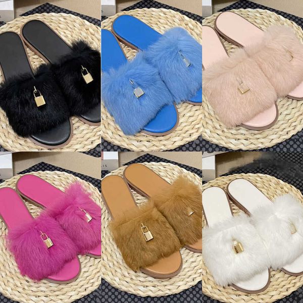 

designer fur slippers real lambwool furry slides flat flip flops beach designer lock sandals cute plush hair fuzzy winter warm shoes woman s, Black