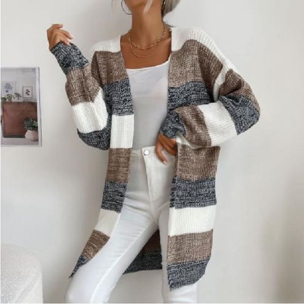 

womens sweater autumn winter new recreational knit cardigan stripe spells color coat, White;black