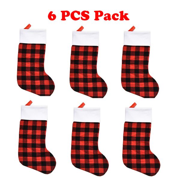 

6 pcs pack christmas stockings 18 inch mini large plaid with plush cuff classic large small stocking decorations for family red black 122161