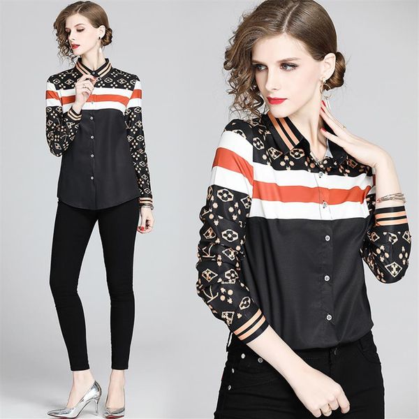 

classic luxury printed black womens casual office shirts lapel neck new fashion runway ladies long sleeve button front slim blouse277j, White