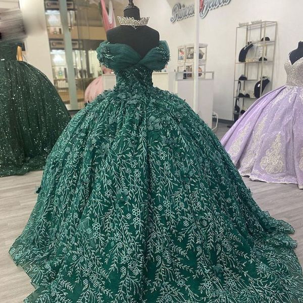 

2023 dark green quinceanera dresses luxury crystals beaded corset back off the shoulder flowers custom made sweet 16 princess party ball gow, Blue;red