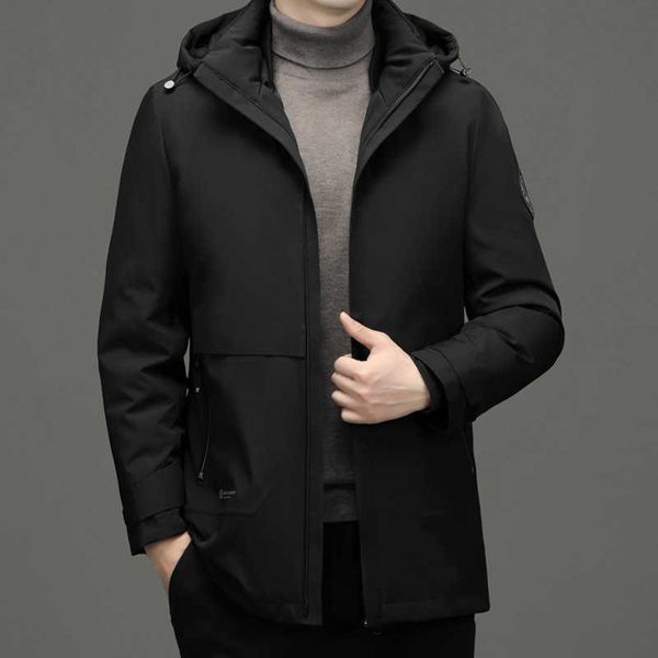

business leisure medium long down jacket detachable liner middle-aged thick men, Black