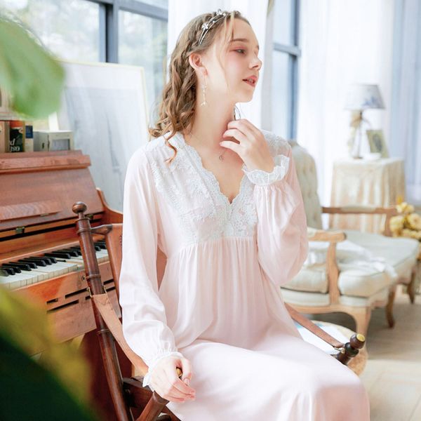 

long-sleeved sleepwear spring retro palace princess lace v-neck cotton long pajamas solid color home clothes autumn, Black;red