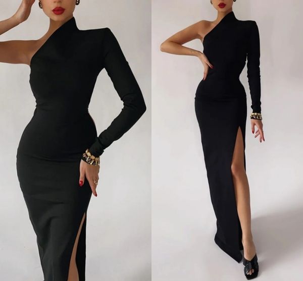 

black evening dress 2023 elegant slit sheath formal prom gowns for women party wear one shoulder long sleeve vestidos de fieast robe soiree, Black;red