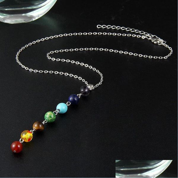 

pendant necklaces sier simple style 7 chakra mticolor natural stone beads pendant necklace long chain for women charm collier collar dhhnt, Silver