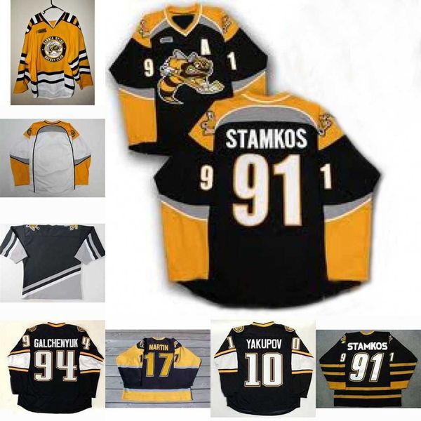

sarnia sting jersey 91 steven 17 martin stamkos 94 alex galchenyuk 10 nail yakupov mens womens youth hockey jersey, Black