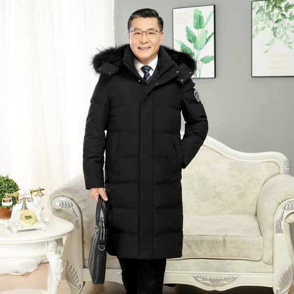 

middle elderly men's down jacket knee length thickened cold proof detachable feather collar father's winter cotton windbreaker, Black