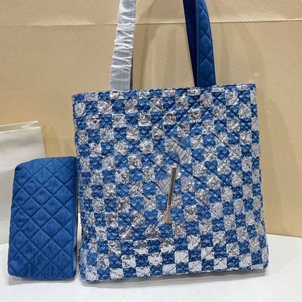 

subaxillary shopping bag quilted large capacity tote bags women handbag purse fashion diamond lattice embroidery sequins gold lettering hard