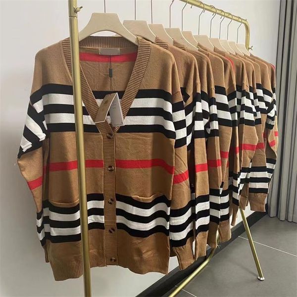 

2022 woolen knitted cardigan women's v-neck mid length coat stripe button art sweater simple versatile luxury women's dress, White;black