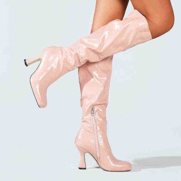 

designer boots motorcycle women shoes new autumn and winter square head thin heel high tube knee martin 220802, Black