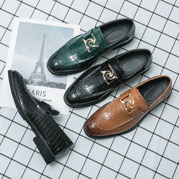 

Pointed Toe British Loafers Men Shoes Solid Color PU Classic Crocodile Texture Casual Comfortable Breathable Dress Shoes AD163-1, Clear