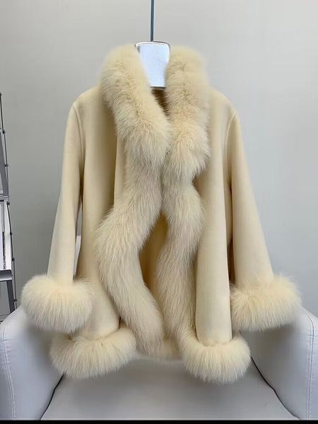 

2022 fox fur double-sided wool cape coat jacket women's mid-length winter new high-end cashmere, Black;brown