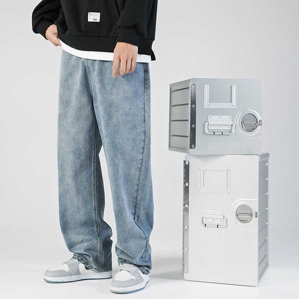

men's new simple color jeans spring and autumn 2022 wash loose straight pants, Blue
