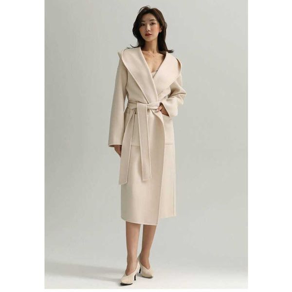 

high end max reversible cashmere coat designer wool coats women medium long hooded thickened slim jacket warm tie cardigan windbreaker 147, Black