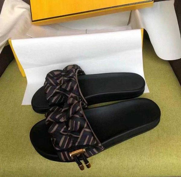 

designer sandals fashion drawstring womens sandbeach sandal luxury leisure slipper flat bottom slippers satin leather sole, Black
