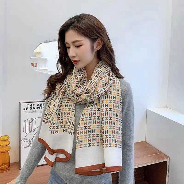 

classic scarf the same cotton and linen scarf of dongdaemun south korea printed in autumn winter for women h-letter oversize shawl, Blue;gray