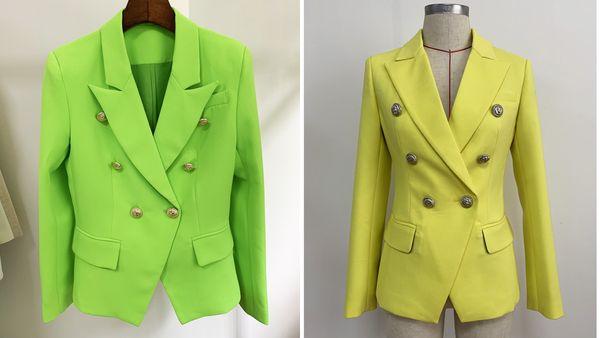 

high-quality office lady lion-button double-breasted blazer green and yellow color, White;black