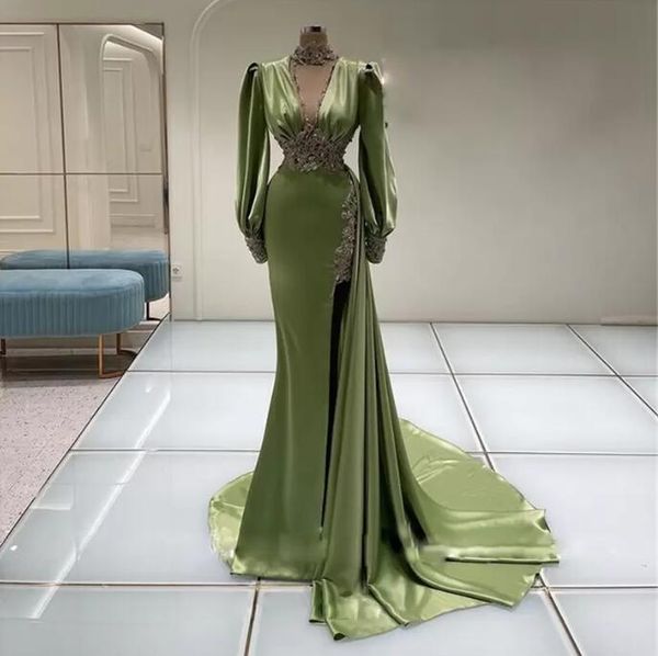 

high neck green evening dresses crystal split side train celebrity mermaid long prom dress t shirt sleeve arabic dubai gown, Black