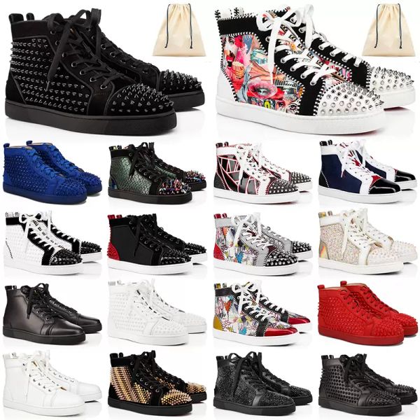 

red-bottoms shoe christians red shoes mens womens size 36-47 eur loafers flat sole spikes studded luxury glitter leather su tcw, Black
