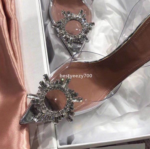 

shoe amina muaddi dress shoes begum glass printed pumps clear pointed toes crochet block heels luxury silver rhinestone pvc spool heel qtt, Black