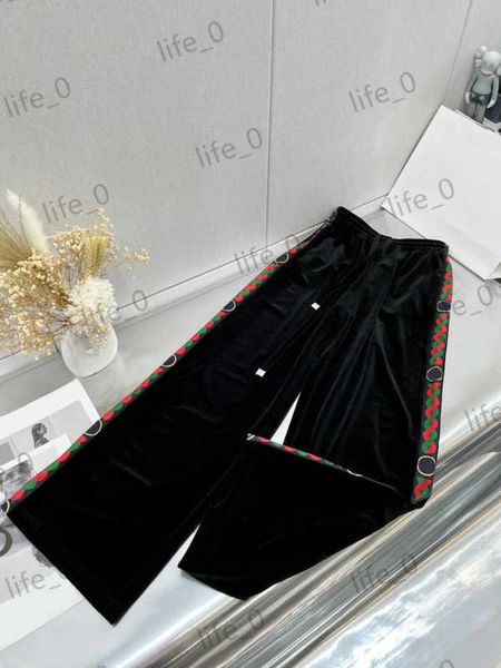 

designer fashion womens velvet pants elastic waist casual pant contrast color stripe printed classic sportstrousers brand women clothes 1970, Black;white