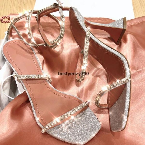 

shoe amina muaddi design sandals luxury ultra hydraulic diamond square head roman wine glass heel sandal web celebrity versatile stile fwe, Black