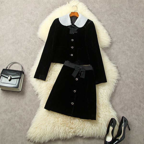 

two piece dress new european and american women's wear for winter 2022 long sleeve nail beaded doll collar coat velvet skirt fashion su, White