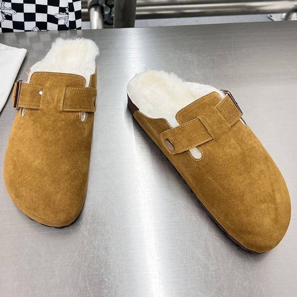 

casual shoes luxury designer women autumn winter slippers wool warm outside genuine leather woman round toe flats buckle decor solid color c, Black