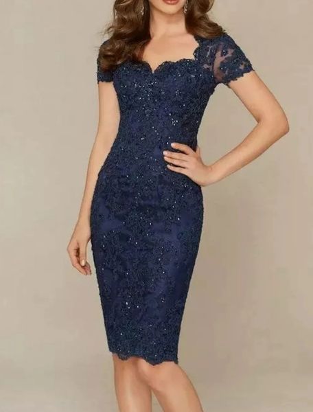

dark navy short mother of the bride dress 2023 vintage scalloped neck lace short sleeve appliques knee length bridal party gown robe de soir, Black;red