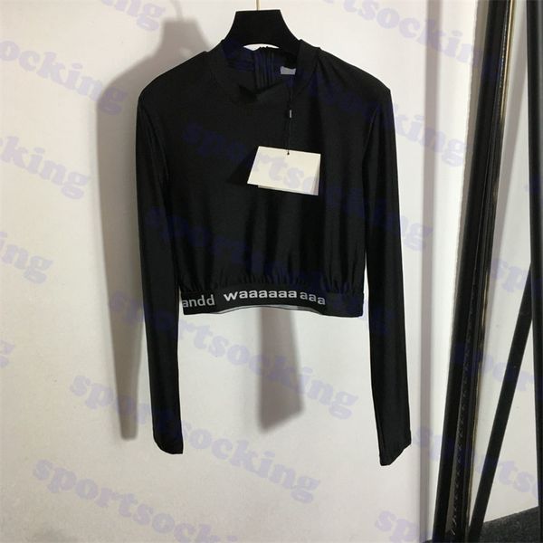 

brand short t shirts letter logo long sleeve shirt for women slim yoga two colors, Black