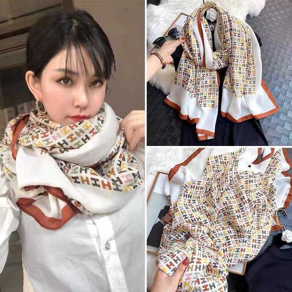 

classic scarf the same cotton and linen scarf of dongdaemun south korea printed in autumn winter for women h letter oversize shawl, Blue;gray