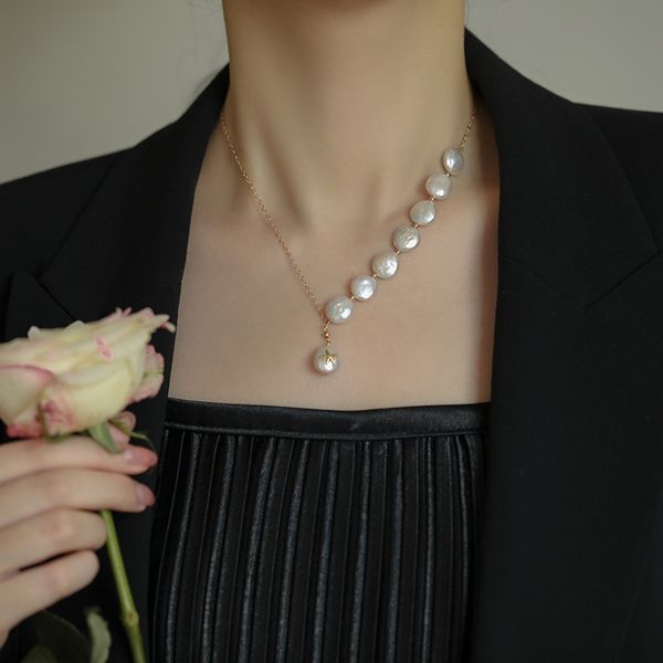 

vintage pendant necklace baroque white pearl with 14k gold plated y shape charm choker for fashion women jewelry, Silver