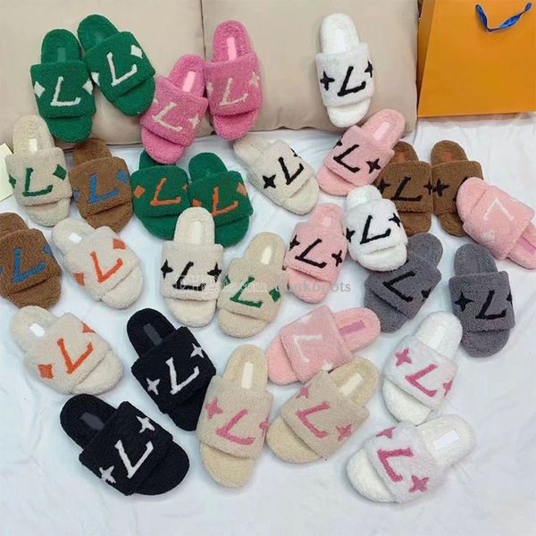 

womens slippers ladies wool slides winter fur fluffy slipper furry warm letters sandals comfortable fuzzy sheet girl flip flop, Black