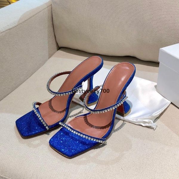

amina muaddi gilda glitter crystal embellished strap slippers slip on mules evening shoes rhinestone spool heel women's heels luxury de, Black