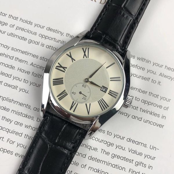 

luxury brand men's quartz watch business leisure rome digital dial multi functional calendar stainless steel case leather watches, Slivery;brown