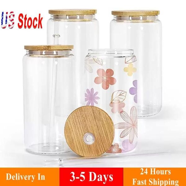 

usa local warehouse 12oz/16oz sublimation mugs cola can tumbler clear frosted glass jar with bamboo lid wide mouth beer cup festival party w