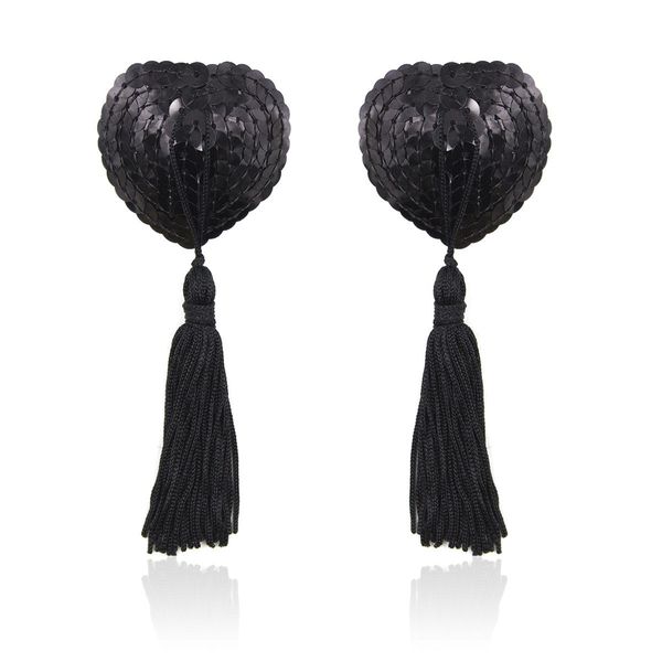 

costumes heart shape sequins nipple cover tassels women breast stickers pasties reusable boob covers tape invisible toys for women, Black