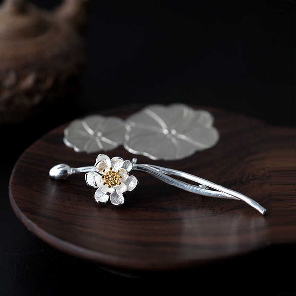 

pins brooches 100% s925 sterling silver nese style flower collar pin temperament sweet lotus branch brooch female retro enic literary l22102, Gray