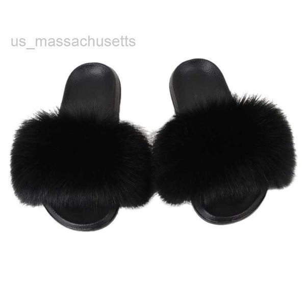 

slipper fox like fur slippers children' new plush imitation raccoon dog hair anti-skid flip flops l221025, Black;grey