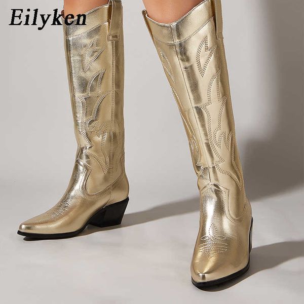 

boots eilyken green golden embroidery women kneehigh 2023 winter cowgirl western punk pointed toe brand design shoes 221013, Black