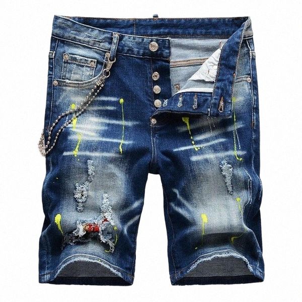 

men's shorts men patchwork ripped denim summer buttons stretch jeans streetwear distressed painted breeches with chainmen's men&#0, White;black