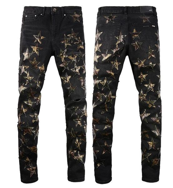 

men jeans for men rip slim fit skinny men pants orange star patch wearing cowboy stretch cult stretch motorcycle chic long straight hip hop, Blue
