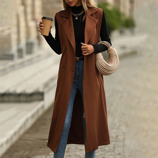 

women's lace-up long coat lapel vest jacket casual sleeveless solid color trench coat, Tan;black