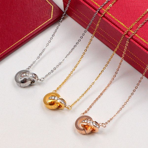 

luxury fashion necklace designer jewelry party titanium steel double rings diamond pendant rose gold necklaces for women fancy dress long ch, Silver
