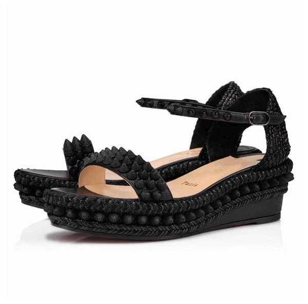 

summer designer sandals brand red solel shoes women wedge madmonica espadrille wedges ladies high heels ankle strap studs sandals heel 5 5.5, Black