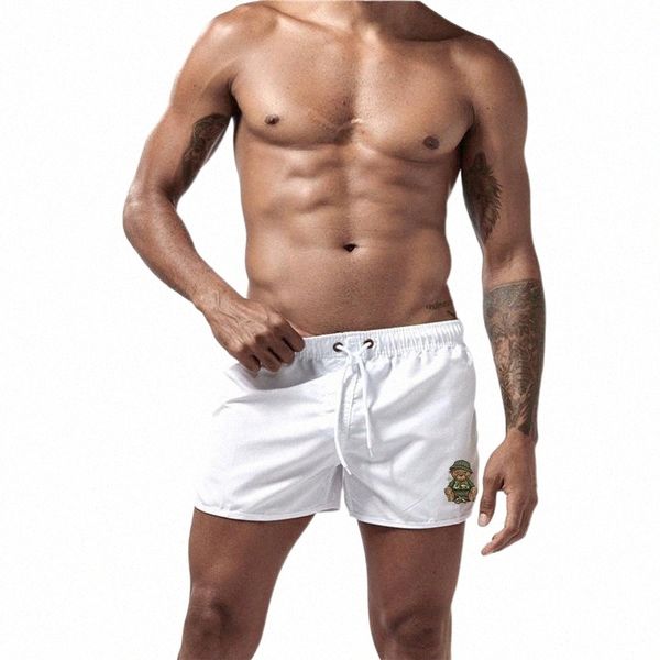 

men's shorts summer men's swimwear bear printed brand beachwear swim trunks men swimsuit low waist breathable beach surfingmen&#03, White;black